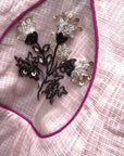 Hand Embroidered Mughal Motif Pink Crop Top and Charcoal Black Lehenga Set - Swati Golyan