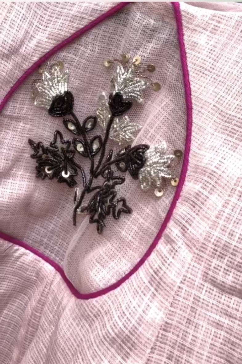 Hand Embroidered Mughal Motif Pink Crop Top and Charcoal Black Lehenga Set