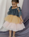 Pink, Yellow And Charcoal Black Shoulder Tie-ups Tiered Dress - Swati Golyan
