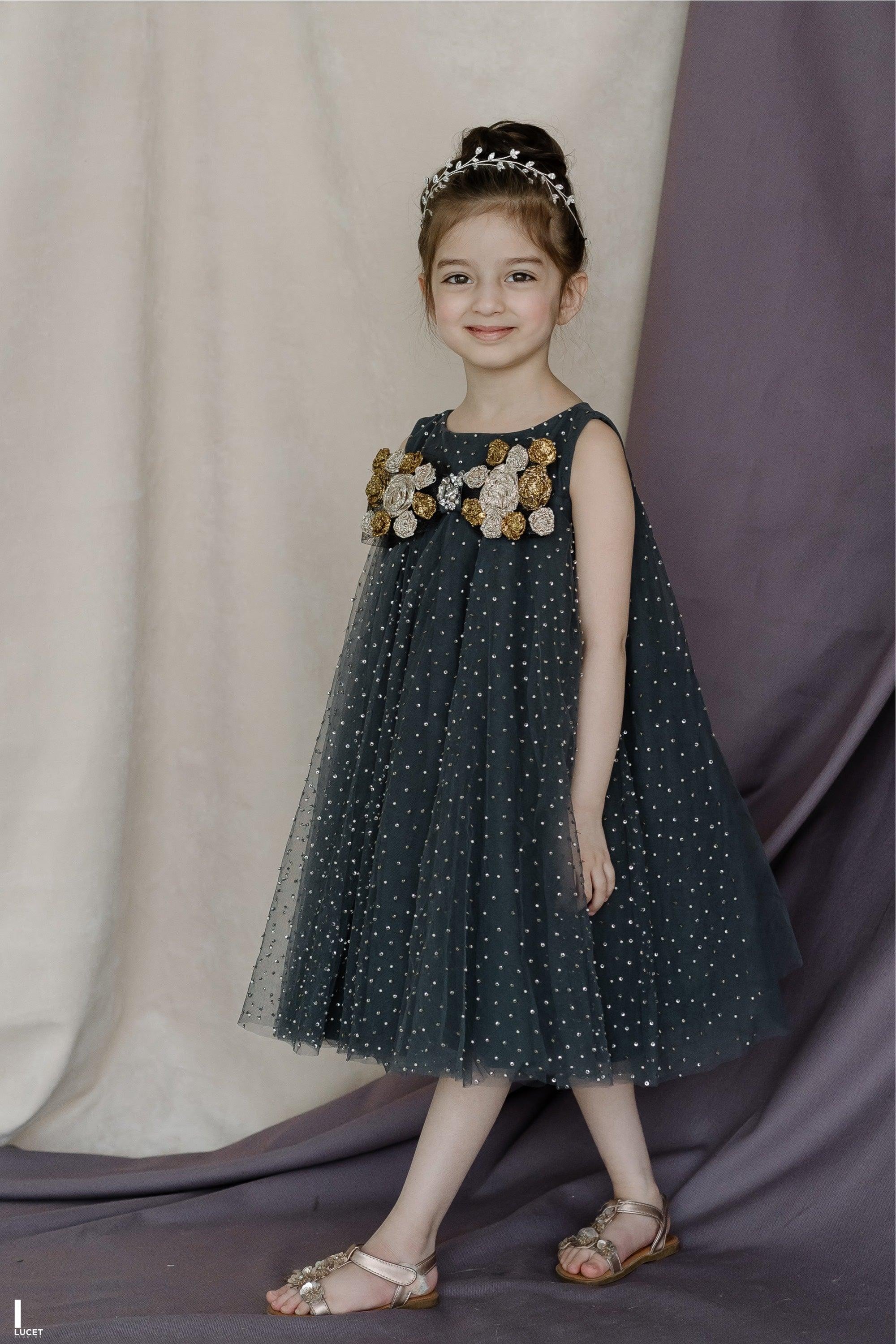 Hand Embroidered Metallic Bow Charcoal Black Dress - Swati Golyan