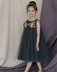 Hand Embroidered Metallic Bow Charcoal Black Dress - Swati Golyan
