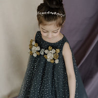 Hand Embroidered Metallic Bow Charcoal Black Dress