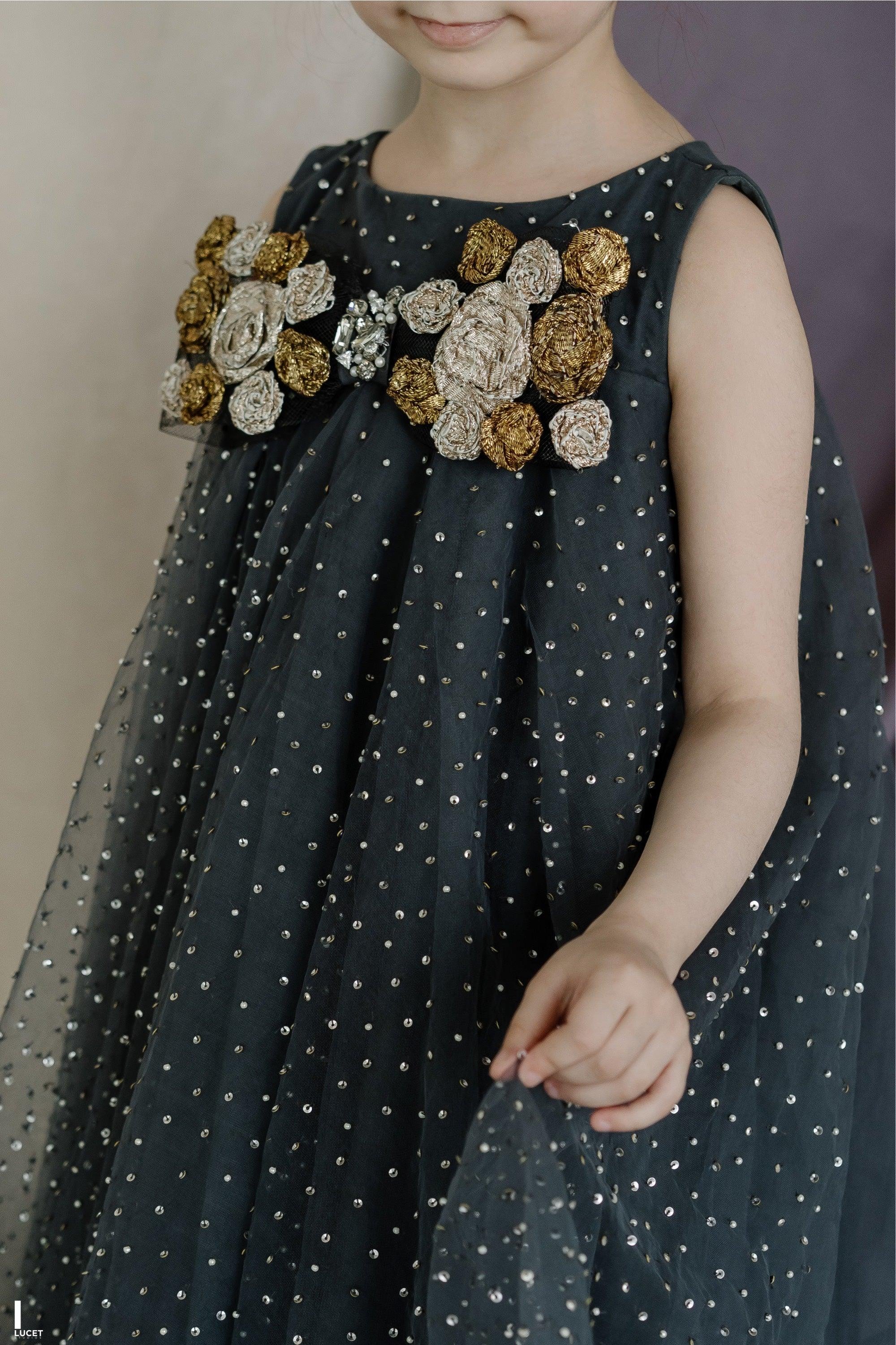 Hand Embroidered Metallic Bow Charcoal Black Dress - Swati Golyan