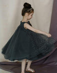 Hand Embroidered Metallic Bow Charcoal Black Dress - Swati Golyan