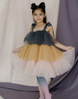 Pink, Yellow And Charcoal Black Shoulder Tie-ups Tiered Dress - Swati Golyan