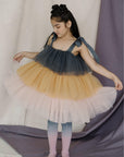 Pink, Yellow And Charcoal Black Shoulder Tie-ups Tiered Dress - Swati Golyan
