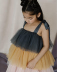Pink, Yellow And Charcoal Black Shoulder Tie-ups Tiered Dress - Swati Golyan