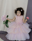 Hand Embroidered Tulle Roses Tiered Dress - Swati Golyan