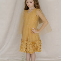 Hand Embroidered Cape Sleeves Frilled Hem A-line Dress