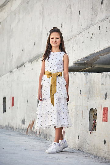 Hand Embroidered Tiered Dress with Raw Silk Belt