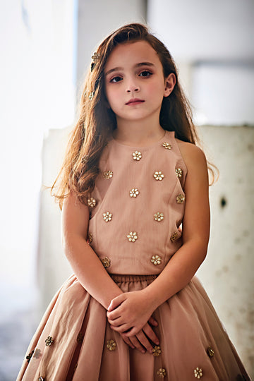 Hand Embroidered Metallic Flower Top and Skirt Set