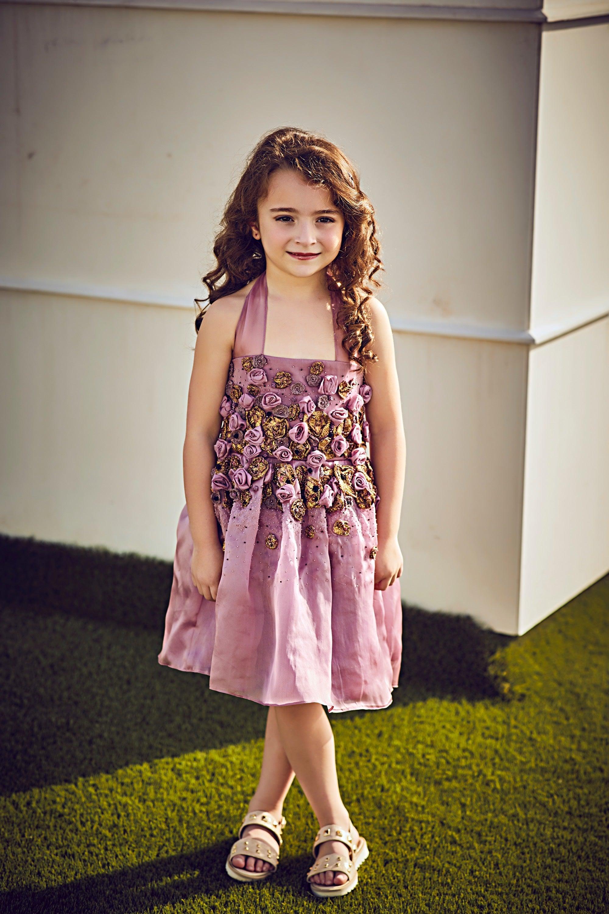 3D Organza and Metallic Roses Halter Neck Dress - Swati Golyan