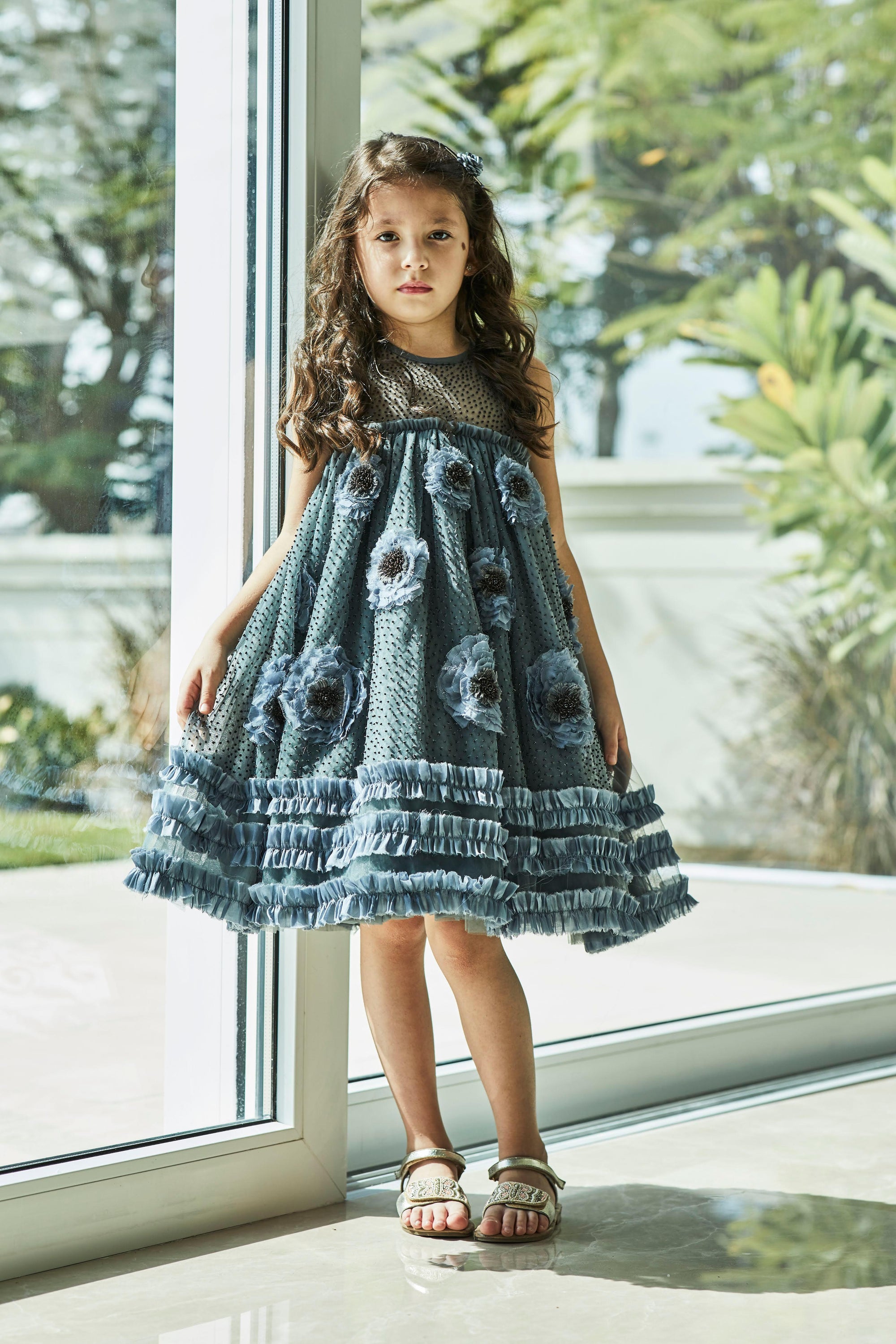 Hand Embroidered Peonies Frilled Wedding Dress - Swati Golyan