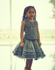 Hand Embroidered Thread Flowers Organza Top & Frilled Skirt Set - Swati Golyan