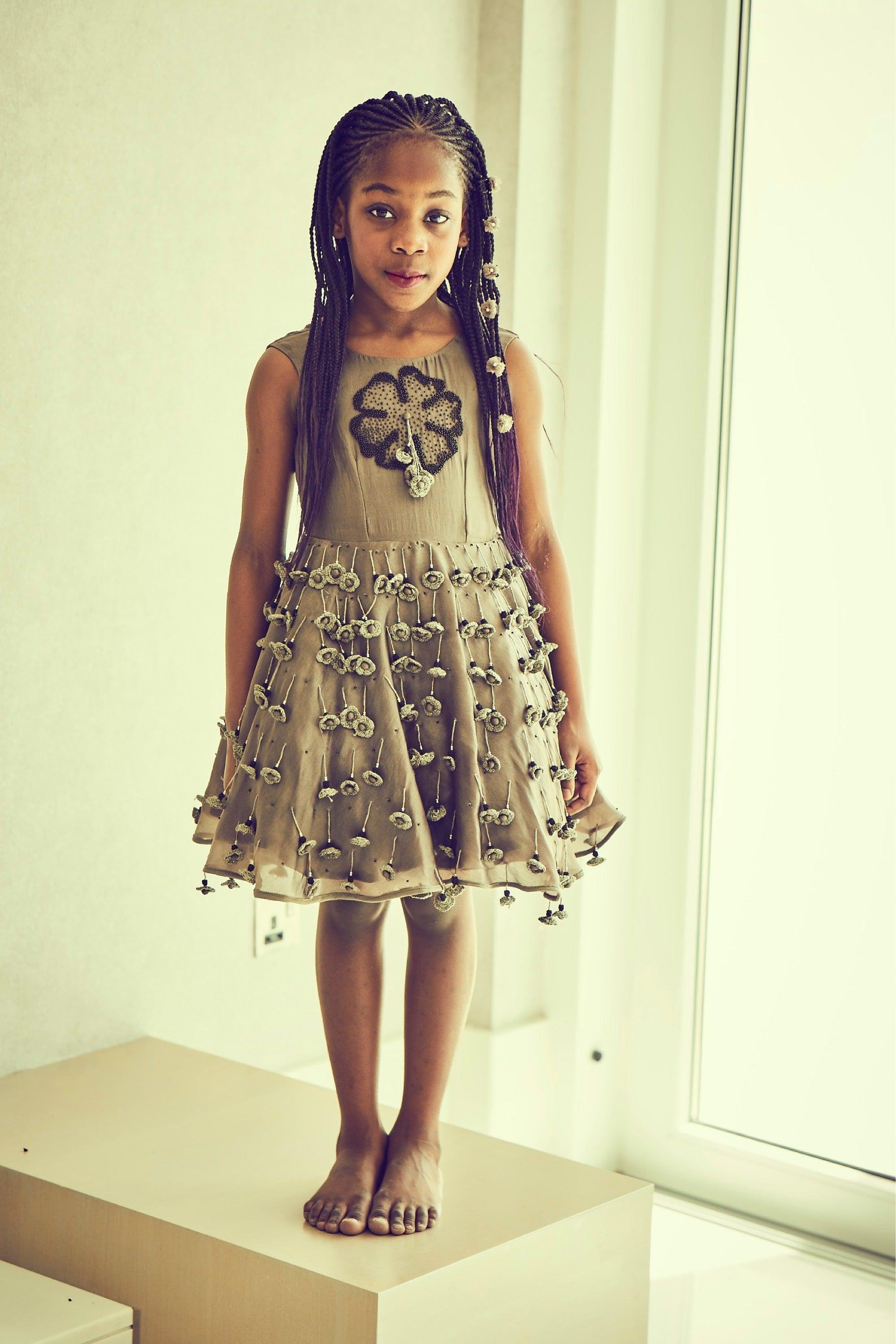 Tasseled Brown Silk Organza Dress - Swati Golyan