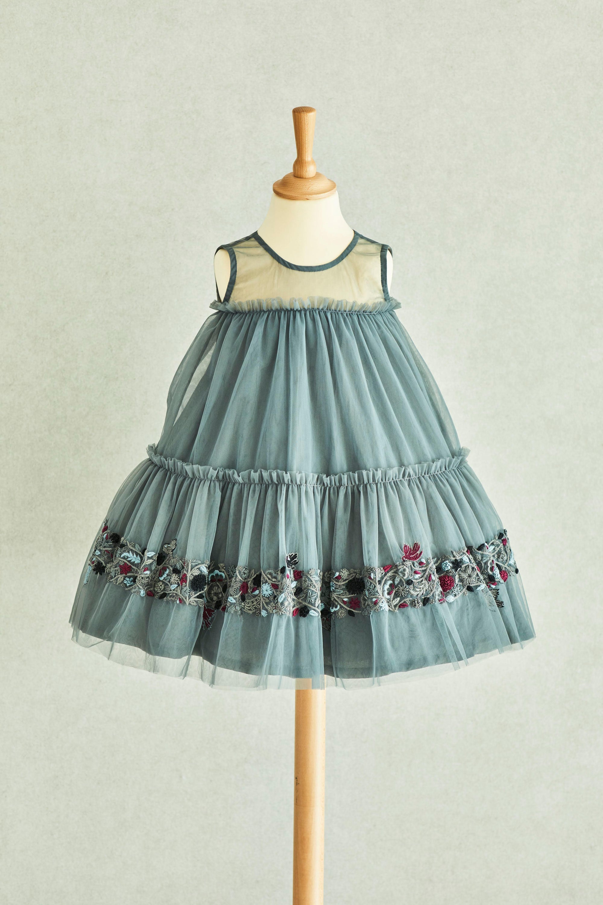 Hand Embroidered Blue Thread Flowers and Birds Tiered Dress - Swati Golyan