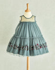 Hand Embroidered Blue Thread Flowers and Birds Tiered Dress - Swati Golyan