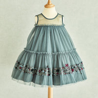 Hand Embroidered Blue Thread Flowers and Birds Tiered Dress