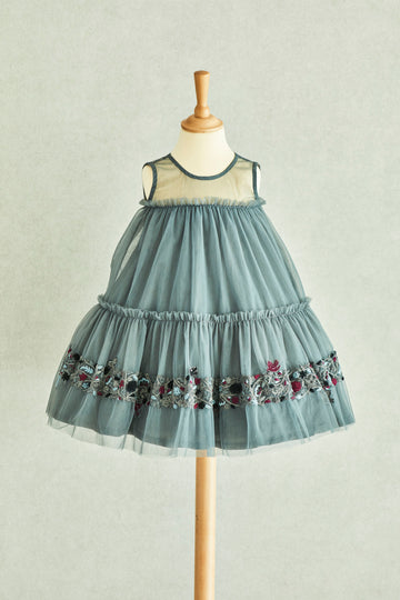 Hand Embroidered Blue Thread Flowers and Birds Tiered Dress