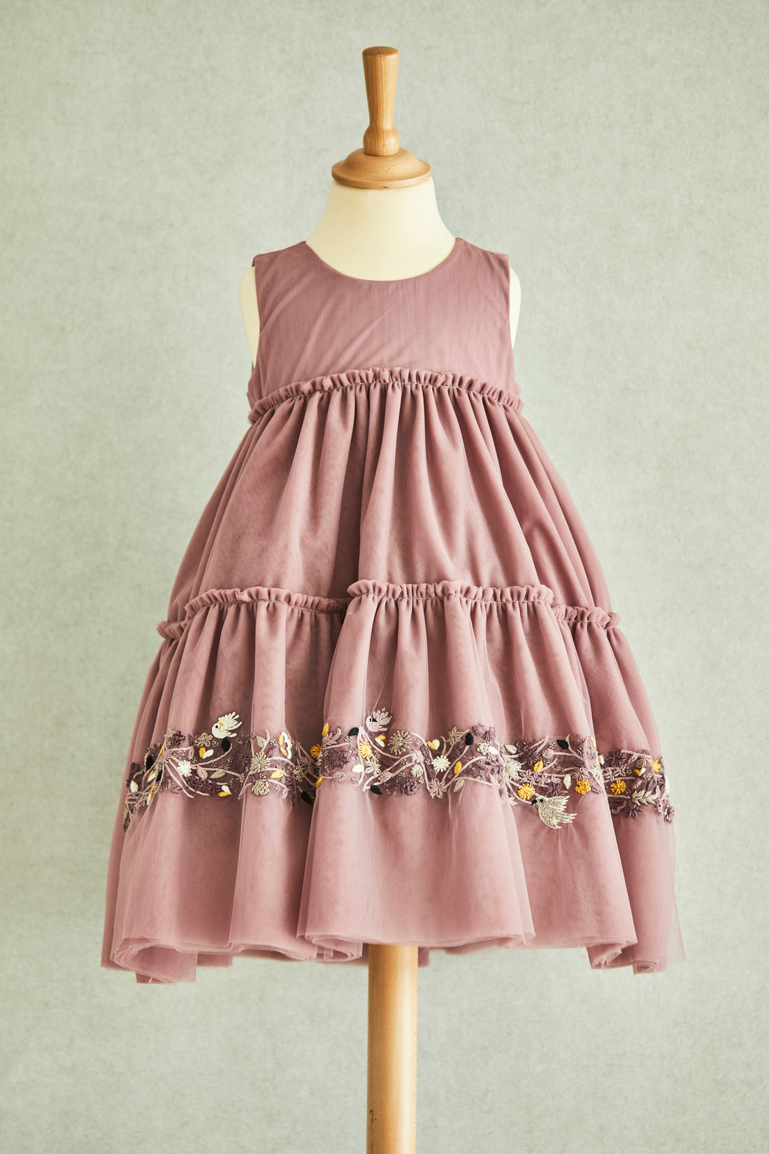 Hand Embroidered Thread Flowers and Birds Tiered Dress