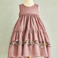 Hand Embroidered Thread Flowers and Birds Tiered Dress