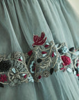 Hand Embroidered Blue Thread Flowers and Birds Tiered Dress - Swati Golyan