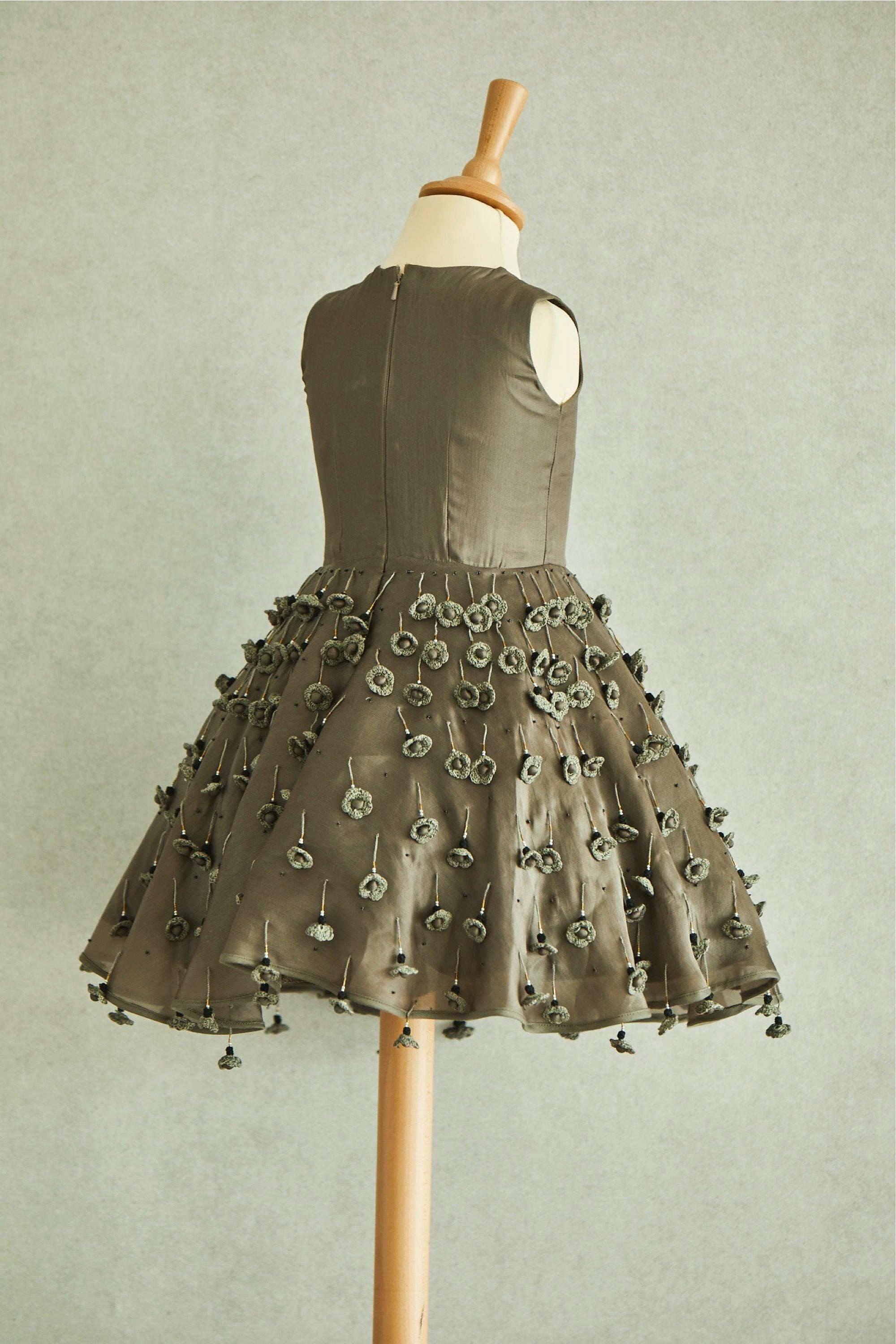 Tasseled Brown Silk Organza Dress - Swati Golyan