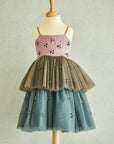 Hand embroidered 6 Petal Flowers Tiered Dress - Swati Golyan