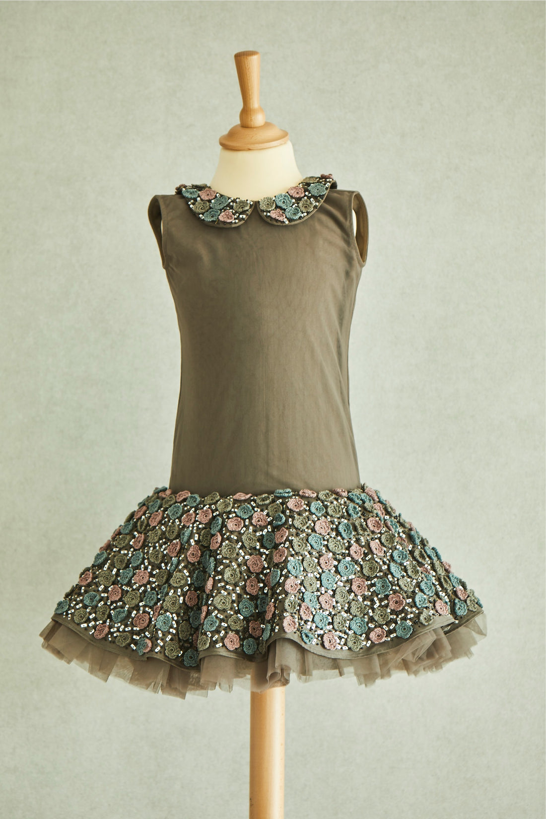Hand Embroidered Crochet Flowers Drop-Down Waist Dress