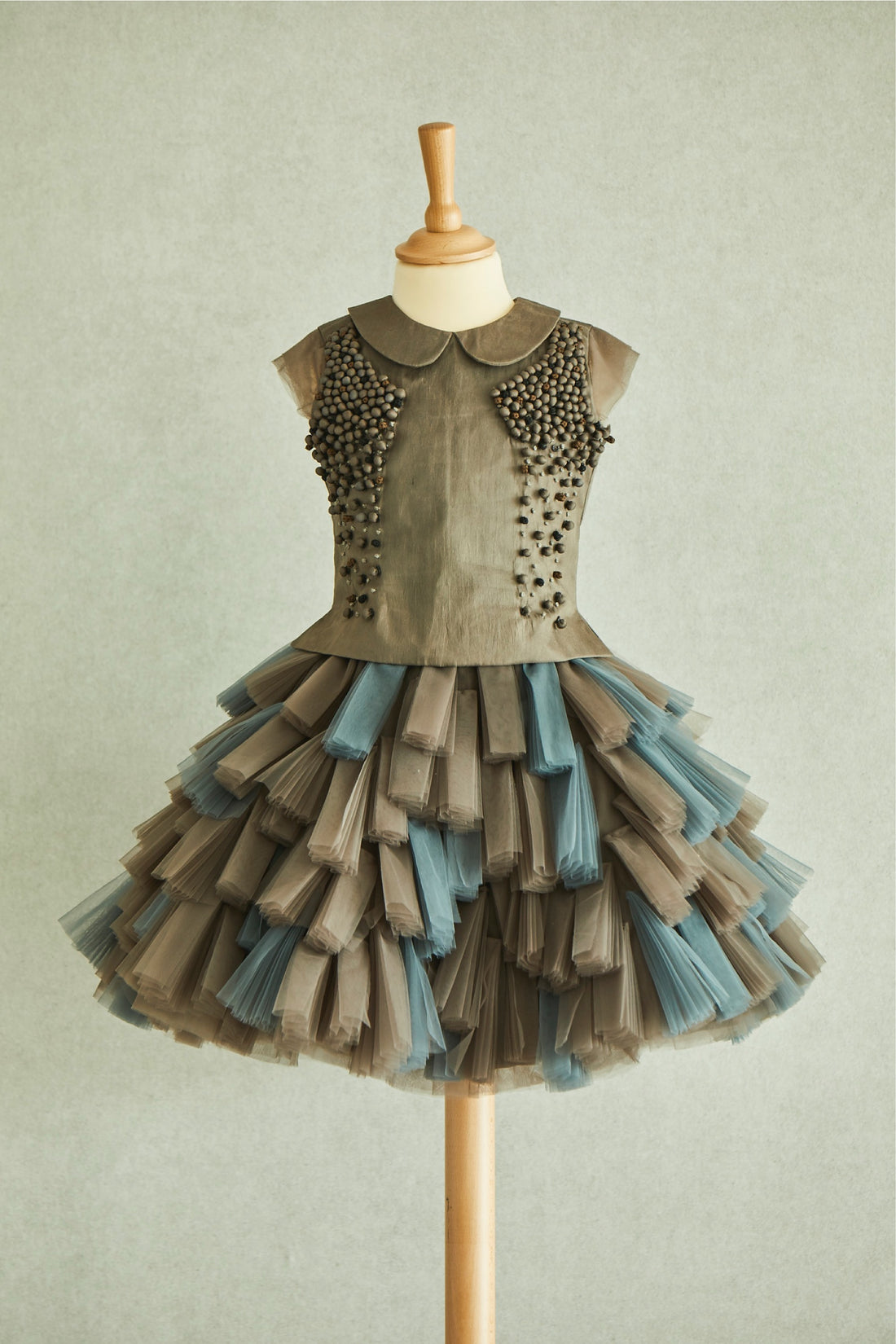 Hand Embroidered Fabric Balls Organza Top & Pleated Panels Skirt Set