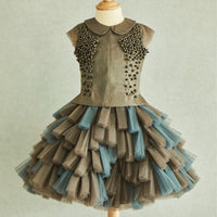 Hand Embroidered Fabric Balls Organza Top & Pleated Panels Skirt Set