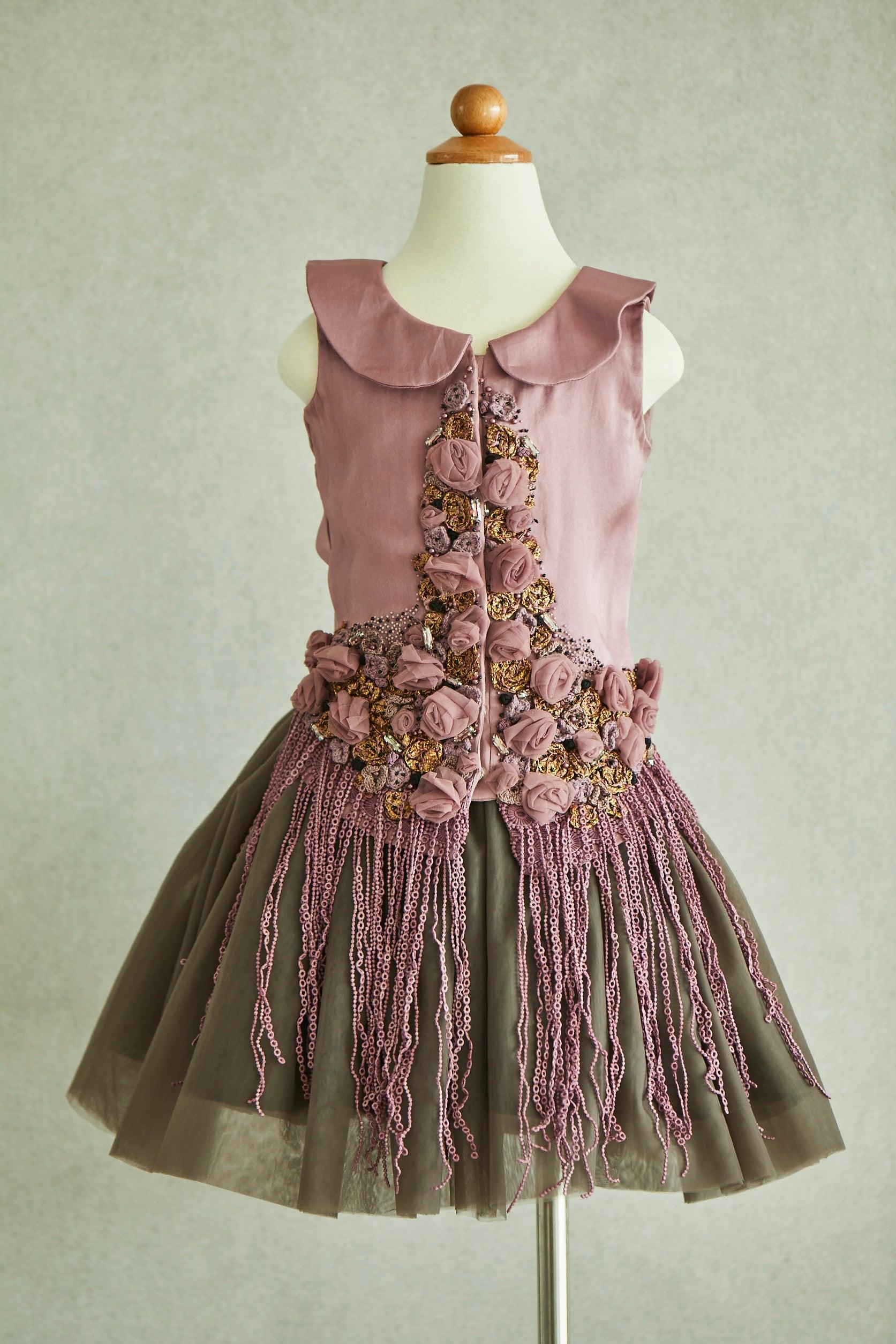 3D Roses and Crystals Fringed Top and Skirt Set - Swati Golyan