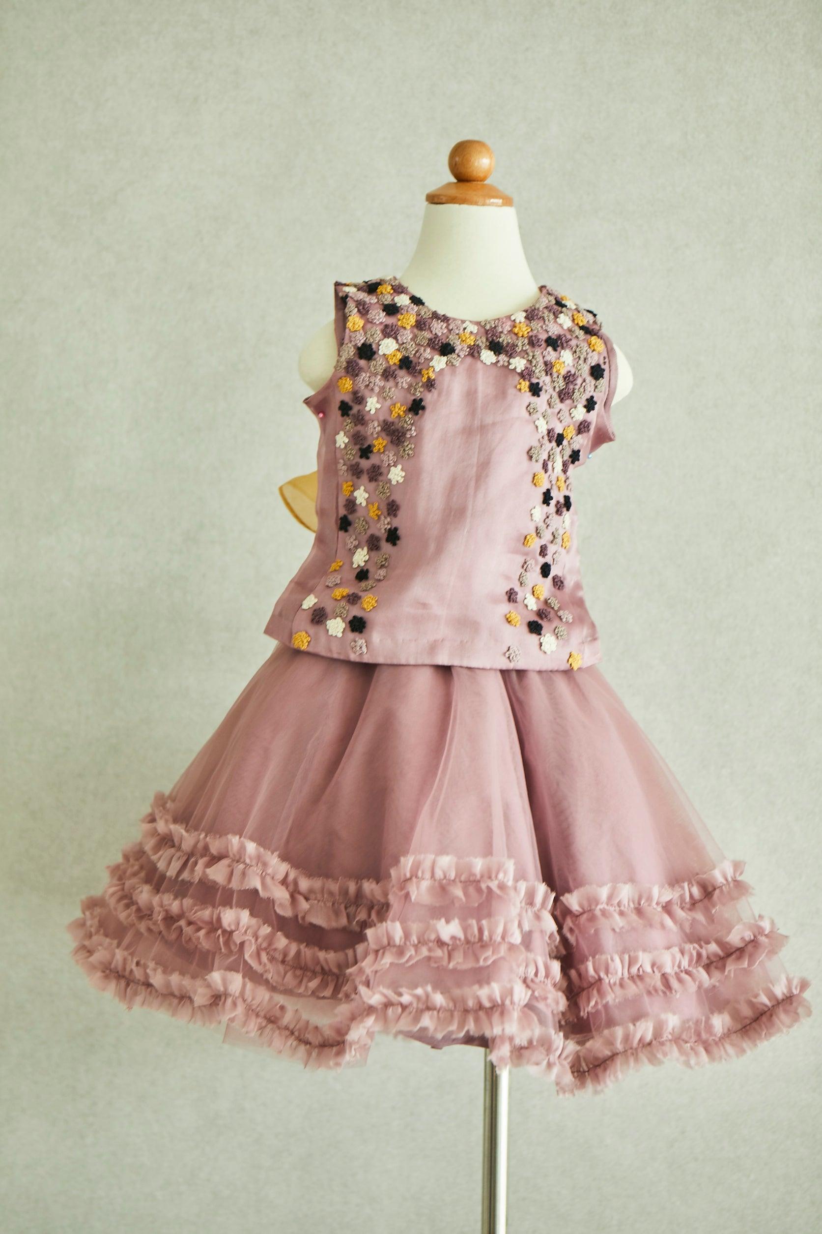 Hand Embroidered Thread Flowers Pink Organza Top & Frilled Skirt Set - Swati Golyan