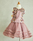 Hand Embroidered Thread Flowers Pink Organza Top & Frilled Skirt Set - Swati Golyan