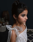 Metallic Sequins Hand Embroidered Single Shoulder Tulle Dress with Silk Organza Tie-Ups for Girls
