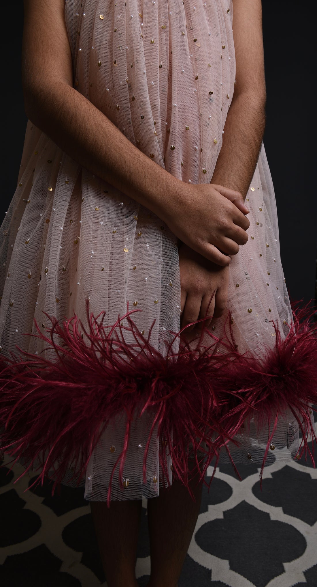 Pearl and Sequins Hand Embroidered Feathered Hem Dress