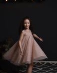 Girl's Metallic sequins hand Embroidered Tulle Dress with Silk Organza Back Bow-tie - Swati Golyan