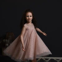 Metallic sequins hand Embroidered Tulle Dress with Silk Organza Back Bow-tie