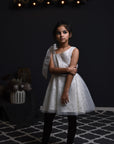Metallic Sequins Hand Embroidered Single Shoulder Tulle Dress with Silk Organza Tie-Ups for Girls