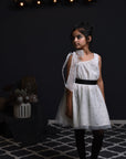 Metallic Sequins Hand Embroidered Single Shoulder Tulle Dress with Silk Organza Tie-Ups for Girls