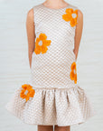 Beige Quilted Silk Dress with Orange Floral Appliqué – Perfect for Celebrations