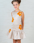 Beige Quilted Silk Dress with Orange Floral Appliqué – Perfect for Celebrations