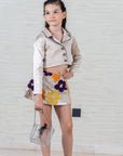 Beige Quilted Silk Skirt Set with Floral Embroidery for girls