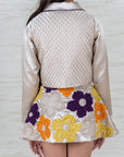 Beige Quilted Silk Skirt Set with Floral Embroidery for girls