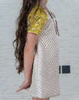 Beige Quilted A-Line Dress with Hand Embroidered Raglan Sleeves