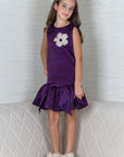 Purple Quilted Silk Dress with Floral Embroidery