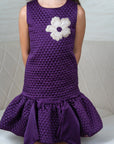 Purple Quilted Silk Dress with Floral Embroidery