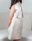 Beige Quilted Dress with Scalloped Detail and Floral Appliqué