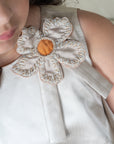 Beige Quilted Dress with Scalloped Detail and Floral Appliqué