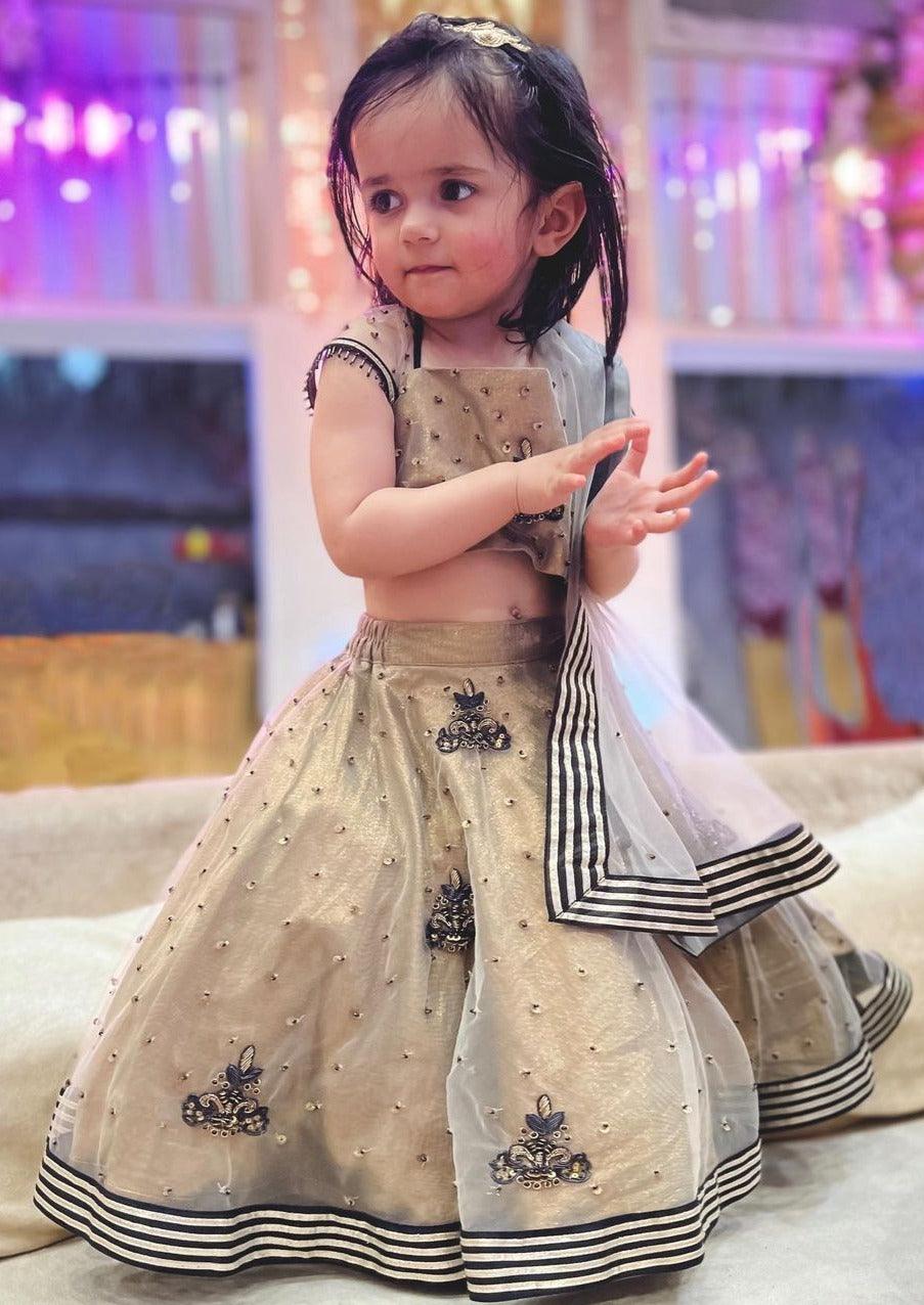 Gold Tissue Lehenga crop top set for girls - Swati Golyan